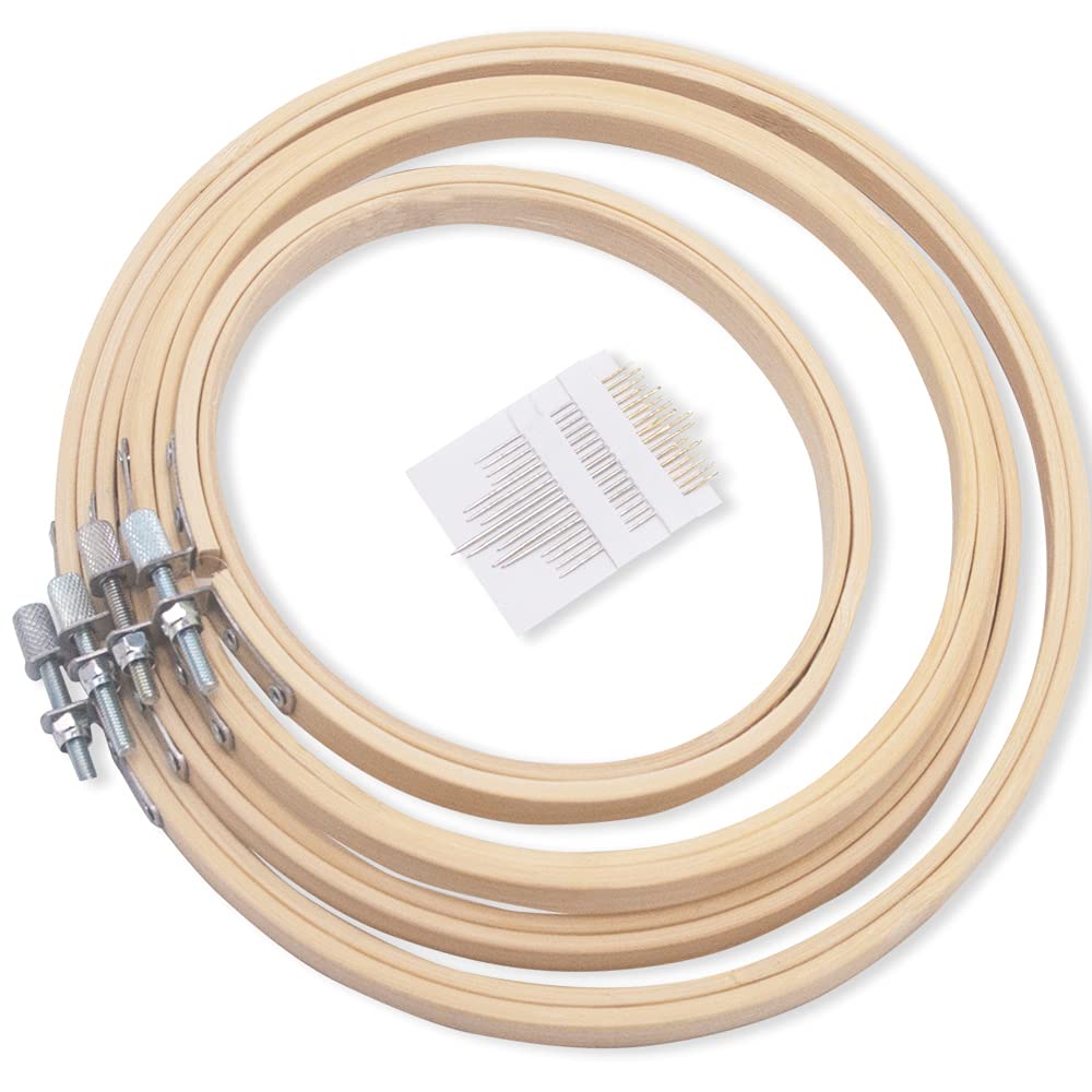 LAMXD 4Pcs 4 Sizes Round Bamboo Embroidery Hoop Circle Cross Stitch Hoop Ring for Craft Sewing,with Gold Eye Embroidery Needles, Embroidery Hoop