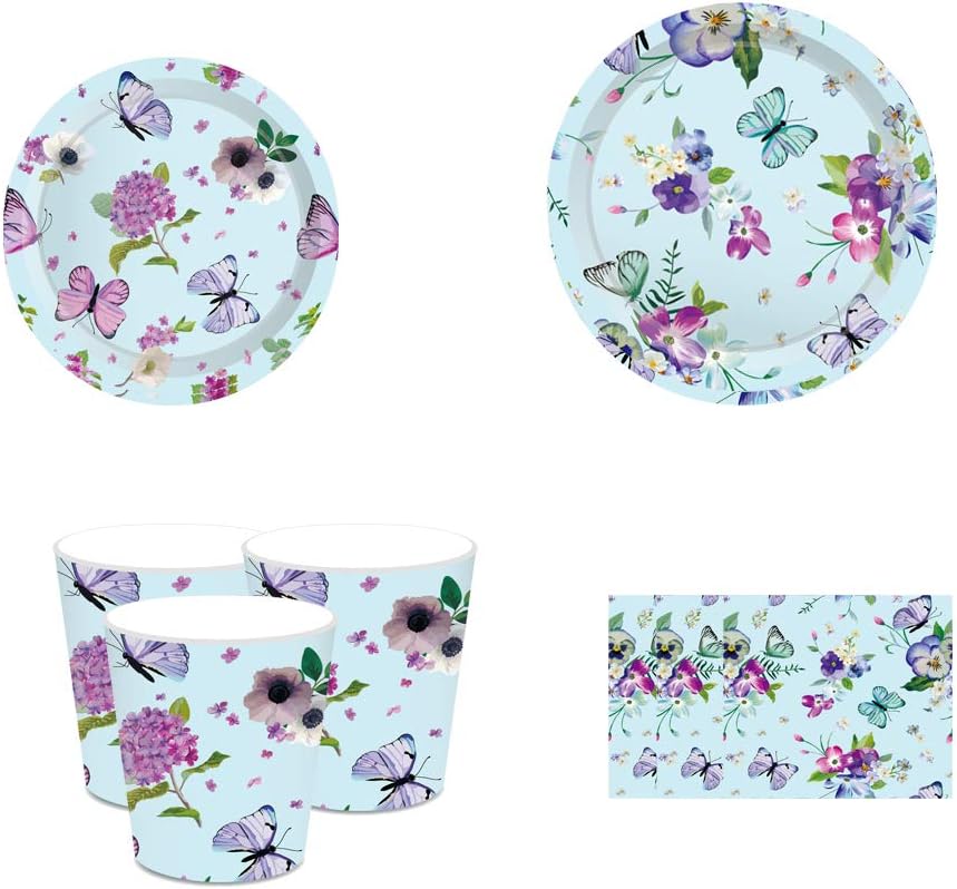 LJCL Floral Butterfly Party Supplies - Serves 8 - Flower Jungle Party Cake 7” Plates (8),Butterfly Party 9” Plates (8),Napkins,Jungle Birthday Party Supplies,Woodland Flower Butterfly Decor Favor