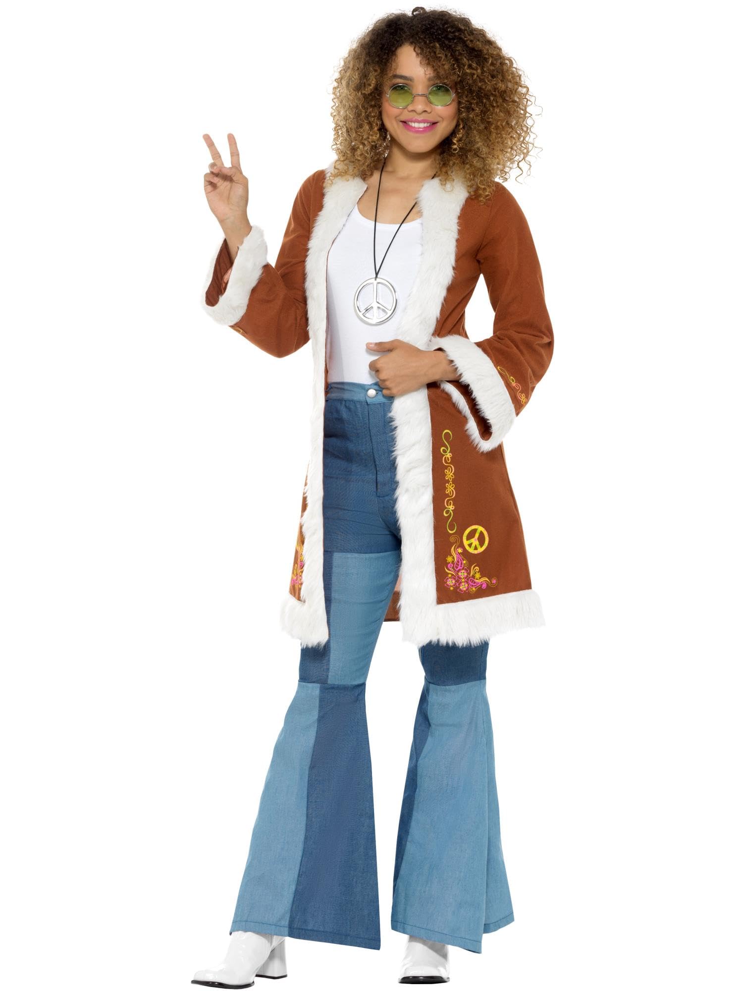 Smiffys Retro Afghan Coat, Brown with Fur Trim, 1960's Groovy Fancy Dress, 1960s Dress Up Costumes