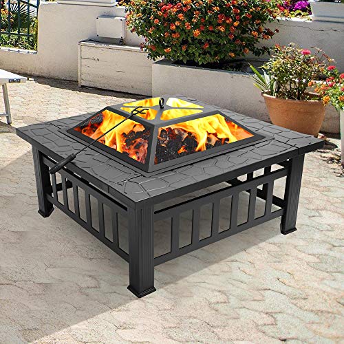 Fire Pit Outdoor Wood Burning Square Fireplace, Metal Grill Firepit