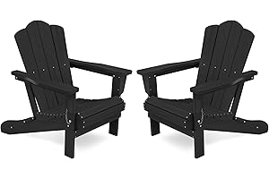 KINGYES Folding Adirondack Chair Set of 2, HDPE All-Weather Patio Chairs, Wooden Textured Lawn Chair for Poolside, Backyard, Deck, Fire Pit, Black