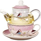 Jusalpha Tea for one Glass Teapot with Infuser and Cup Set, Pink | Glass Teapot with Removeral infuser, cup and saucer set
