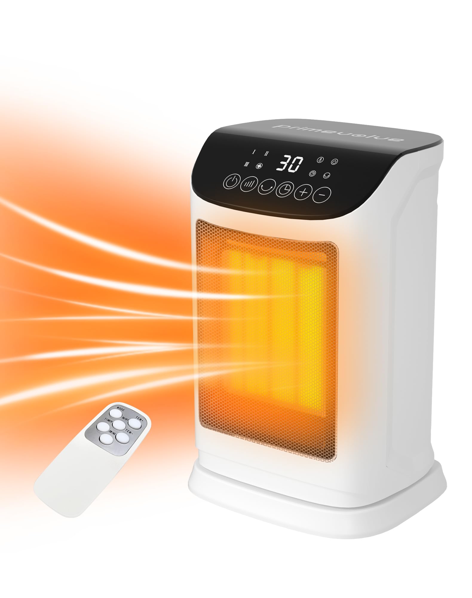 Primevolve 1800W Electric Heater, Portable Ceramic Space Heater with ECO Mode, Small Energy Efficient Room Heater，70°Oscillation, Remote Control, Quiet Fan Heater, Overheat & Tipping Protection