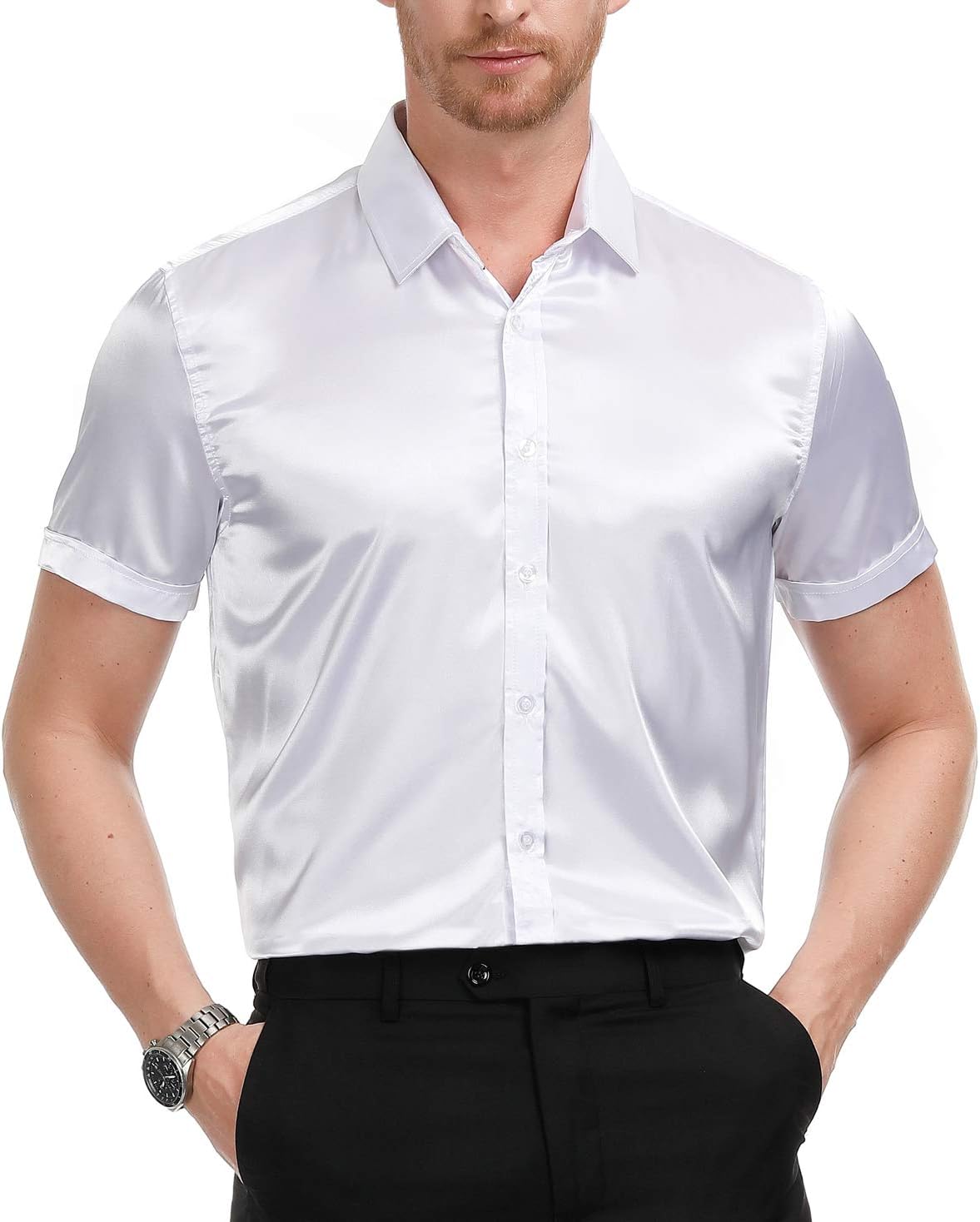 mens white satin dress shirt