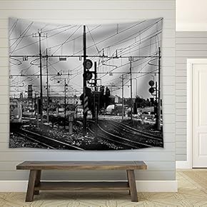 Railroad Track in Black and White - Fabric Wall Tapestry Home Decor - 51x60 inches