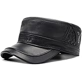 Men's Leather Military Style Hat Cadet Army Caps Flat Top Cap