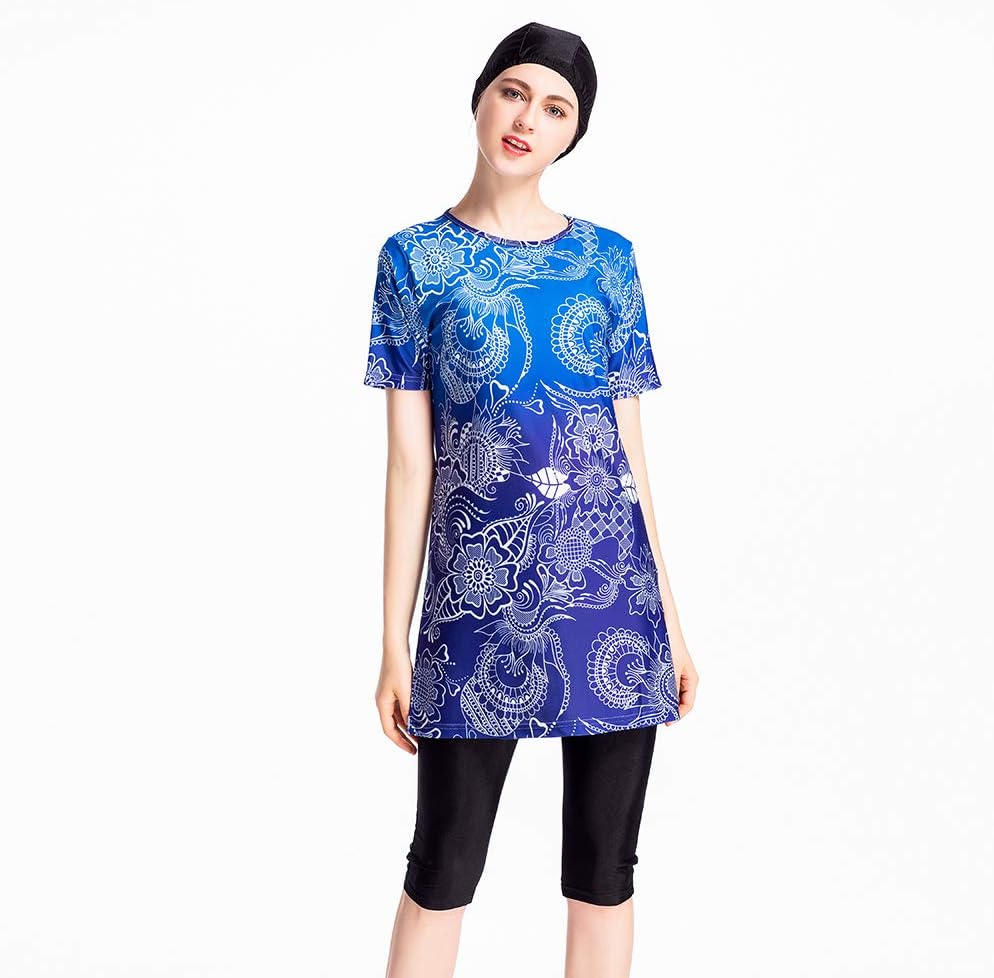 Women's Modest Muslim Swimsuit Tops Hat No-Sleeve Cropped Trousers Pattern Swimwear Beachwear Islamic Costume