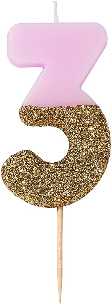 Pink Number 3 Three Birthday Candle with Gold Glitter, Height 8cm, 3"