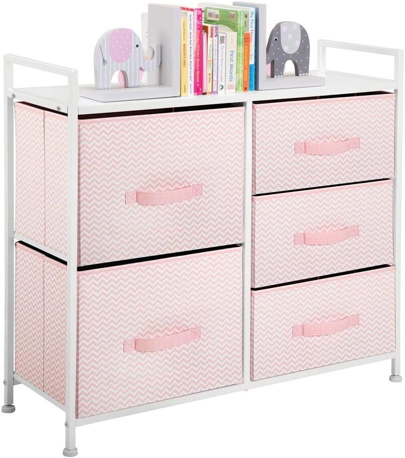 mDesign Wide Dresser Storage Tower Furniture - Metal Frame, Wood Top, Easy Pull Fabric Bins - Organizer for Kid's Bedroom, Hallway, Entryway, Closets, Dorm - Chevron Print, 5 Drawers - Pink/White: Home & Kitchen