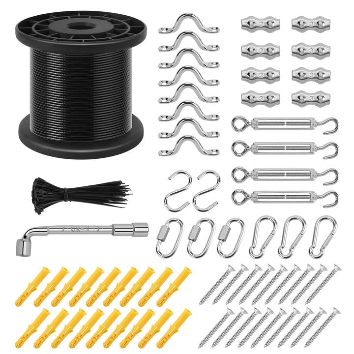 String Light Hanging Kit 50M String Lights Suspension Kit with Nylon Coated and Stainless Steel 304 Wire Rope Light Hanging Kit for Outdoors Mounting