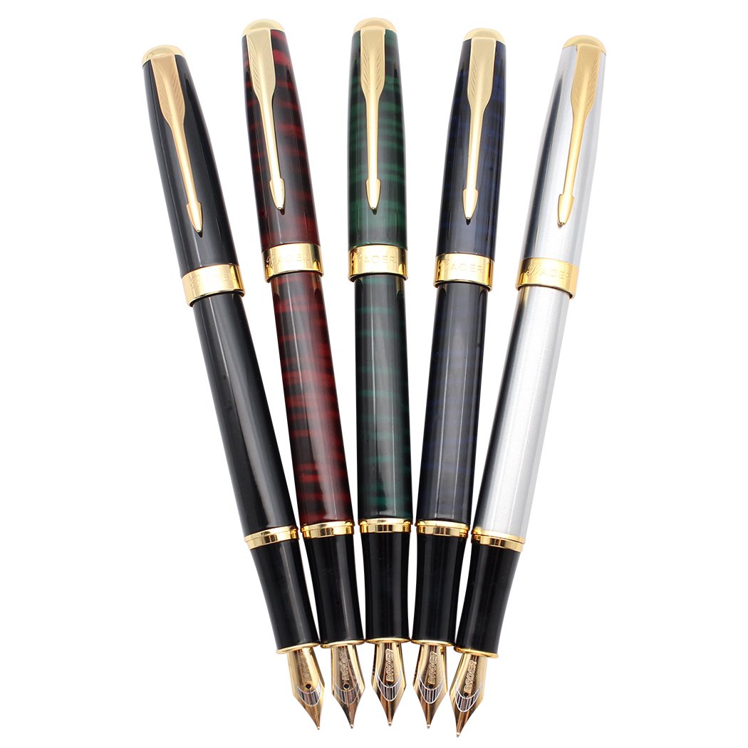 Gullor 5 PCS Classic Metal Fountain Pen B388, Gift Pens with Converters, 5 Different Colors