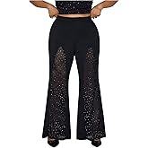 Floerns Women's Plus Size Rhinestone Bell Bottom Pants Glitter Contrast Mesh Trousers