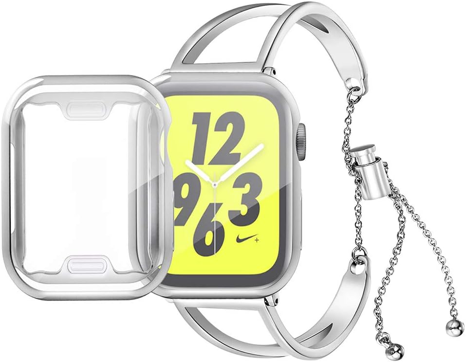 KoudHug Bracelet Compatible Apple Watch Band 38mm 40mm 42mm 44mm with Case iWatch Series 4/3/2/1, Women Stainless Steel Cuff Wristband with Apple Watch Screen Protector (Silver, 44mm Band/Case)