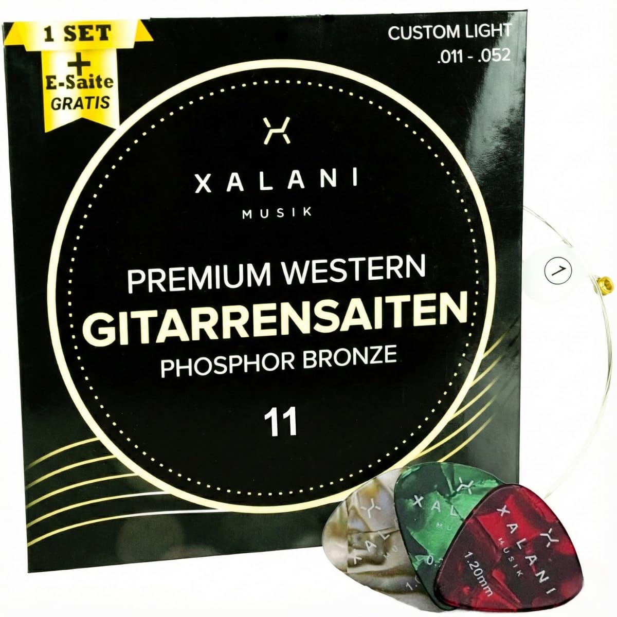 Premium steel guitar strings. Bonus:1 high E string and 3 premium picks. Phosphor bronze steel guitar strings for Western and acoustic guitars. Xalani Music.