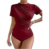 Milumia Women's Casual Ruched Mock Neck T Shirt Short Sleeve Tee Bodysuit Jumpsuit