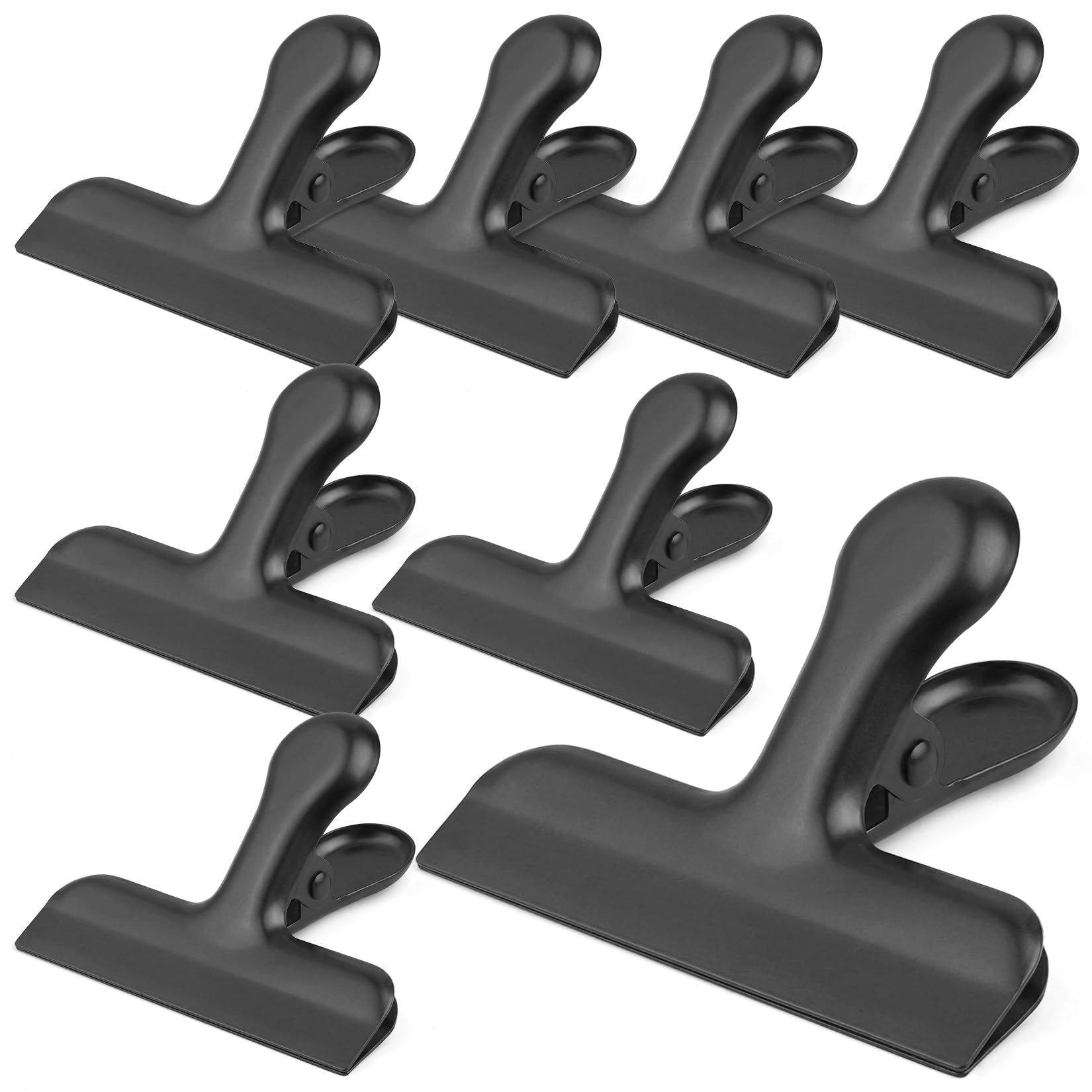 Photo 1 of Funfery Stainless Steel Black Chip Clips 3" Bag Clips for Kitchen Storage,Food,Snacks,8 Pack Large Metal Clip for Food Packages, Chips, Paper and Home & Office