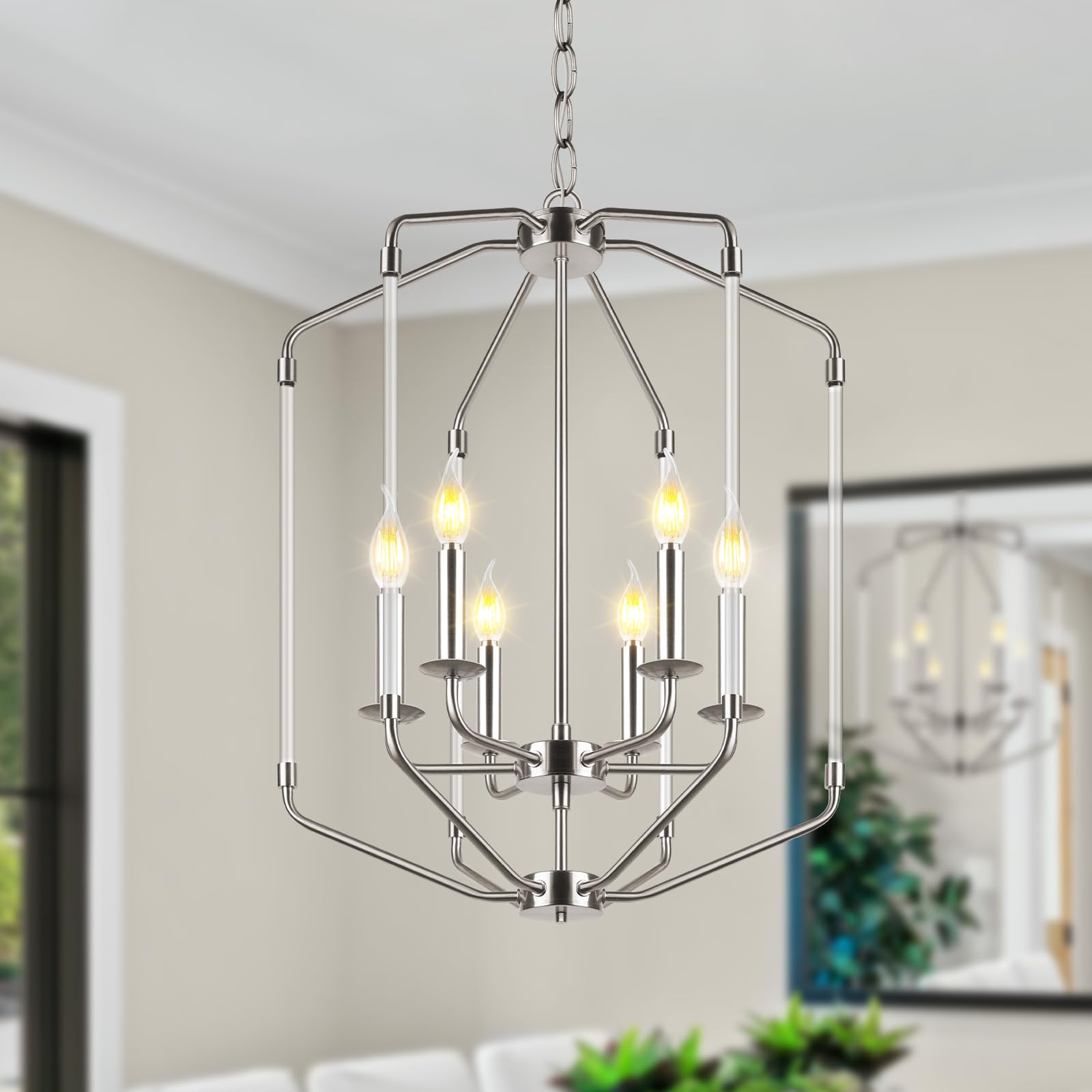 Photo 1 of *** NO LIGHTS*** SEABLE Farmhouse Chandelier for Dining Room 6-Light Brushed Nickel Modern Pendant Light Fixture Industrial Hanging Ceiling Light for Kitchen, Foyer, Entryway, Bedroom, Over Table