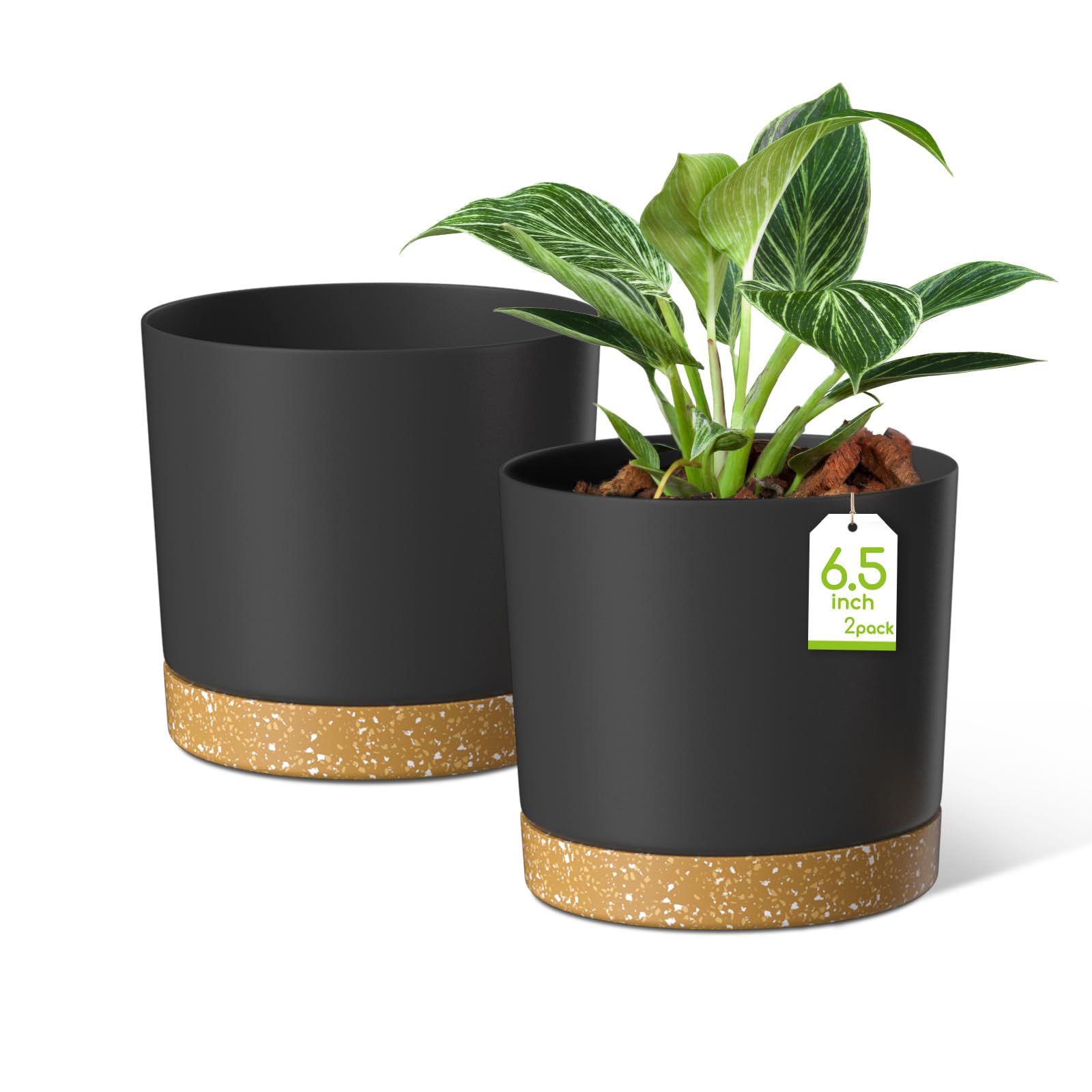 ZMTECH 16.5cm Plant Pots, Modern Planters with Drainage Holes and Detachable Saucer, Plastic Flower Pots for Plants for House Garden Windowsill (Set of 2, Dark Grey) — image 1