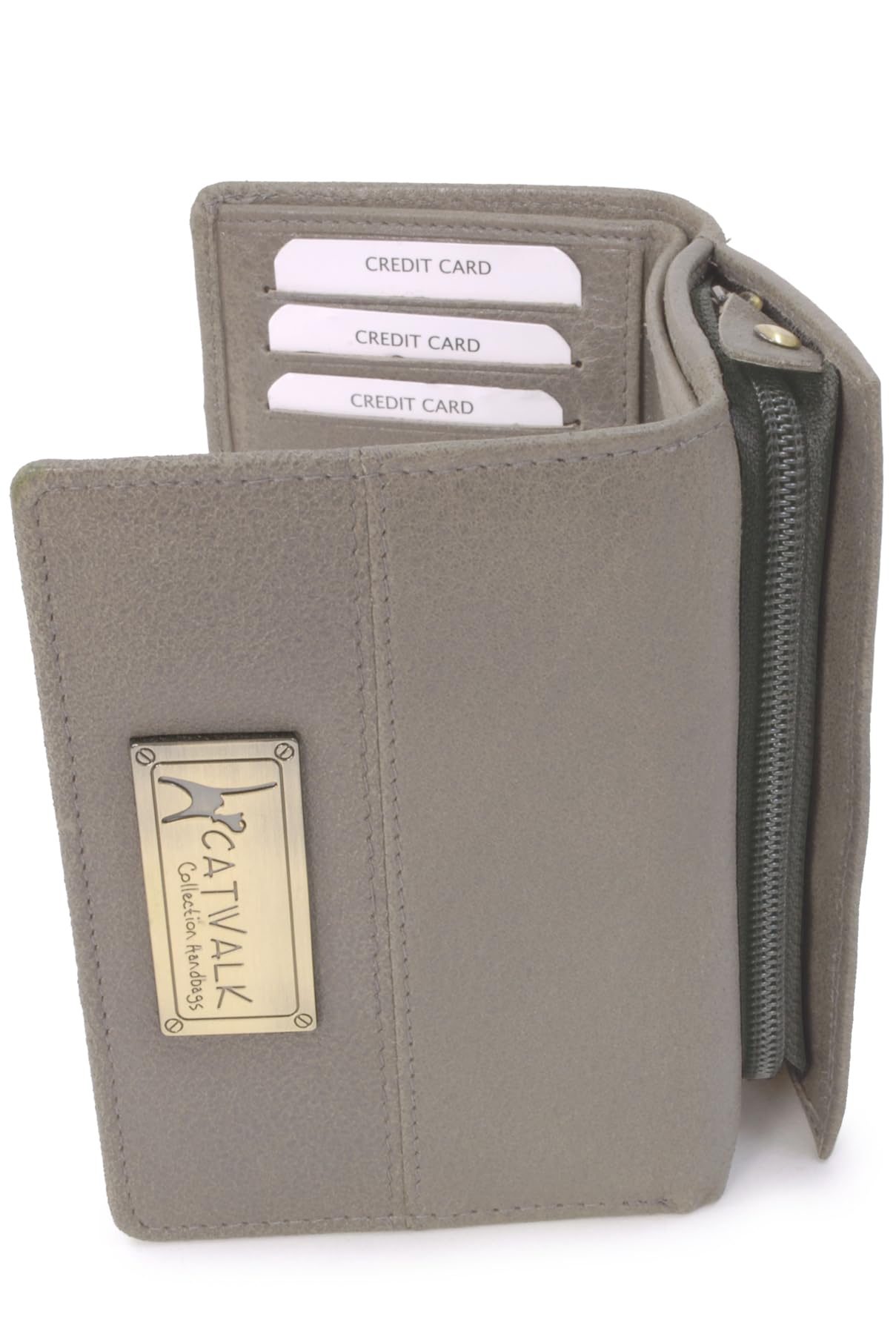 Catwalk Collection Handbags - Ladies Medium Leather Purse - Women's Trifold Wallet with 8 Card Slots & Zip Coin Pocket - RFID - Victoria - Grey