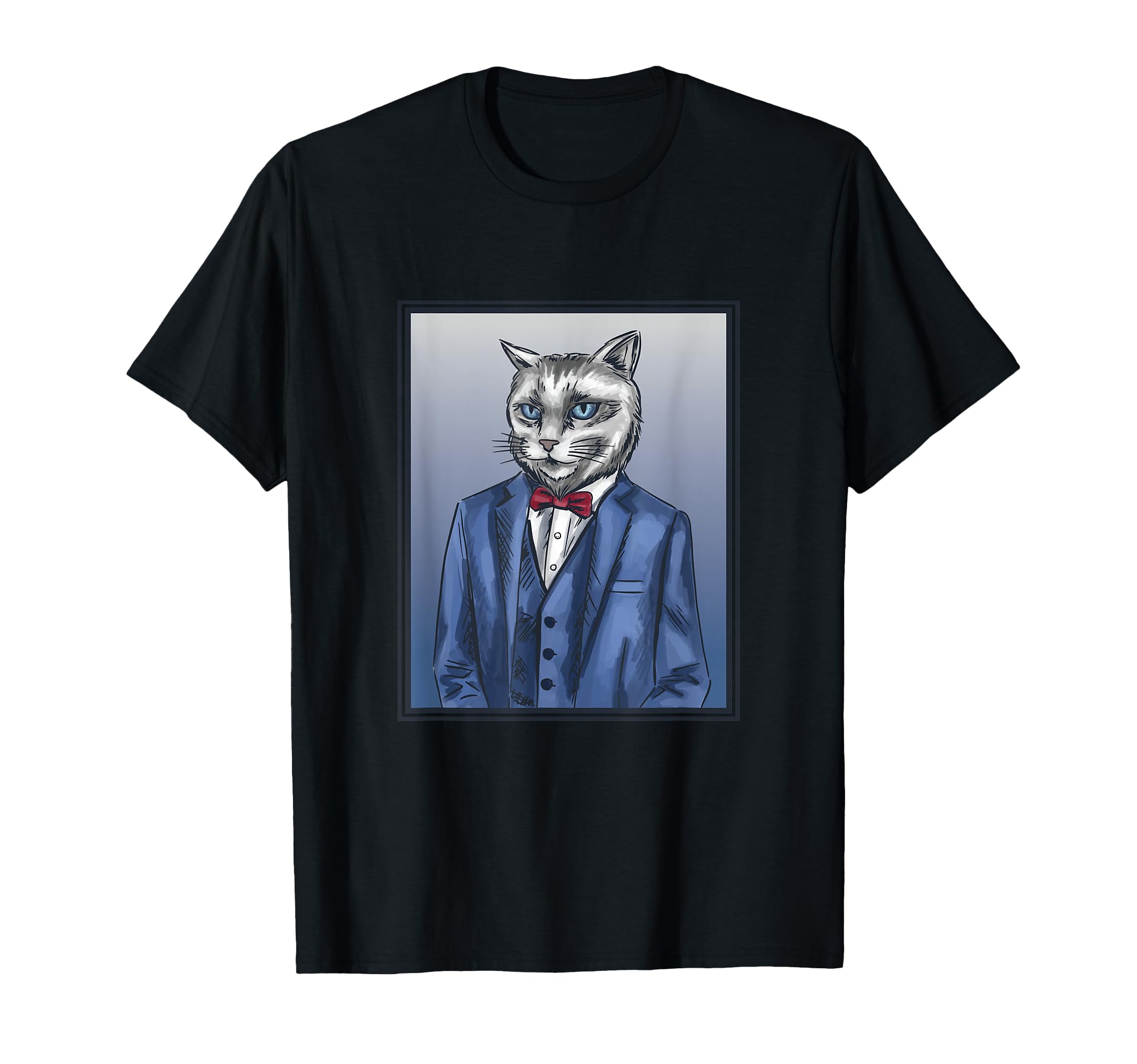 Design Of Portrait Of Gray Cat In Blue Suit And Red Bow Tie T-Shirt