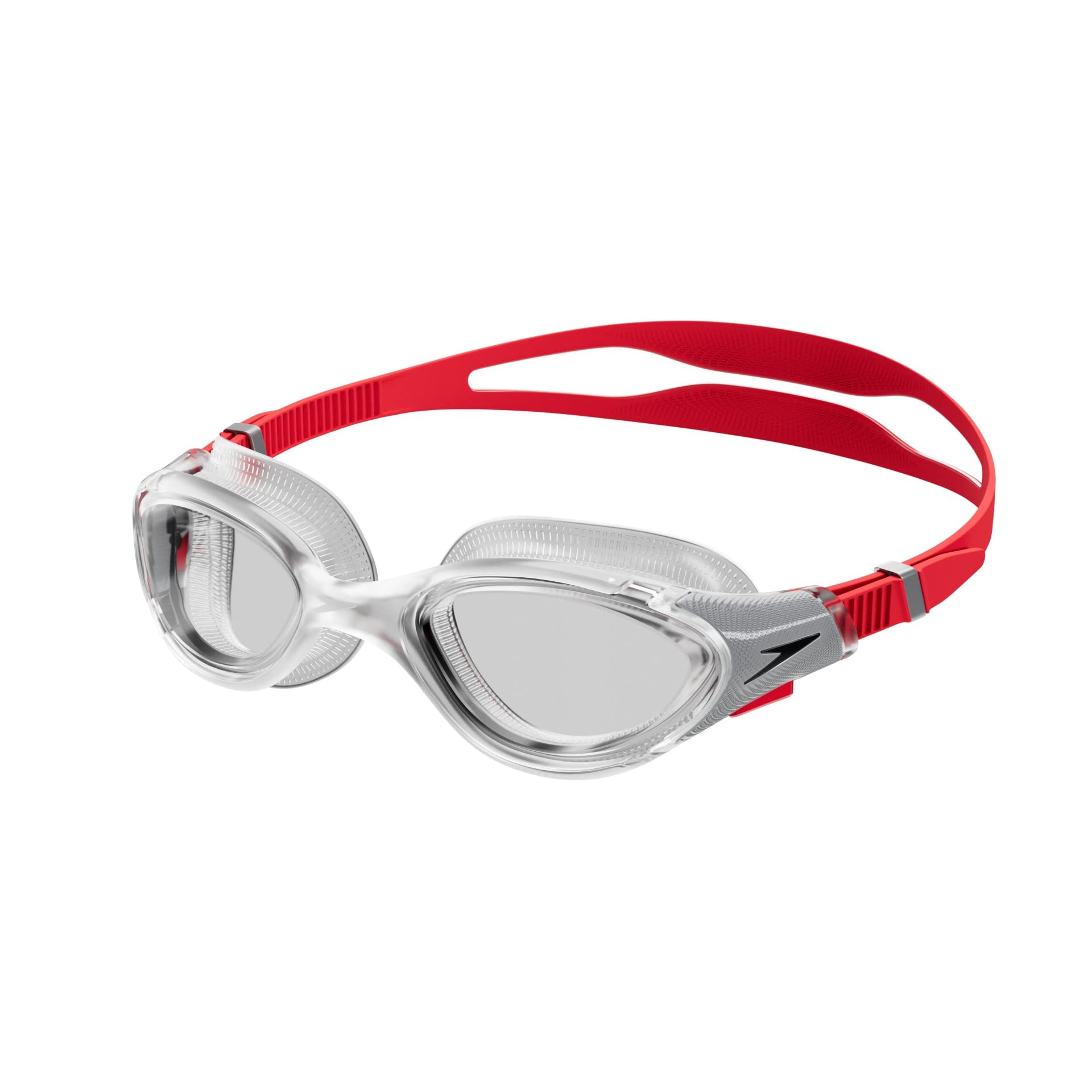 Speedo Unisex Biofuse 2.0 SwiMing Goggles | Patented Easy Adjustment | Anti-fog | Anti-leak | Enhanced Fit | Improved Comfort, Fed Red/Silver/Clear, One Size