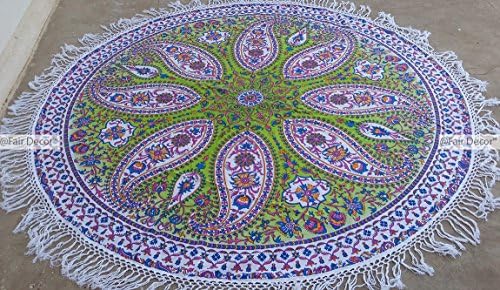 Parrot Green Paisley Mandala Round Roundie Beach Throw Tapestry Hippy Boho Gypsy Cotton Tablecloth Beach Roundie With Tassel