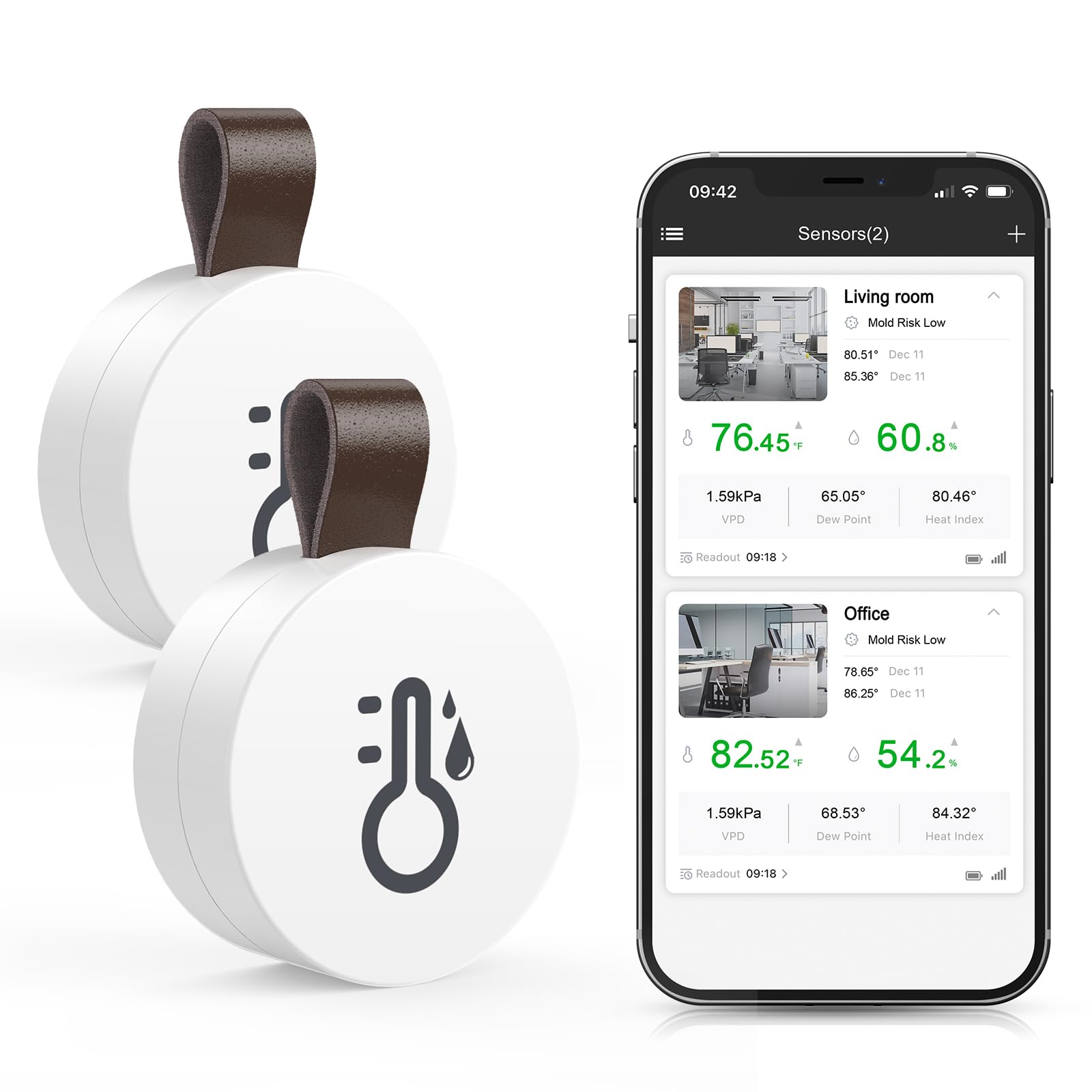 Brifit Wireless Thermometer Hygrometer, Bluetooth 5.0 Room Temperature Humidity Sensor with APP Alert, Temp Humidity Monitor with Trend Recording and Data Export, for House, Greenhouse, Cellar(2 Pack)