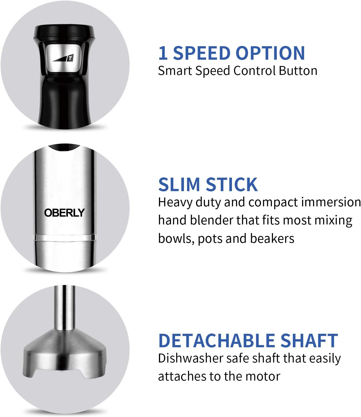 Immersion Hand Blender, OBERLY 3 in 1 Set 500 Watt Smart Stepless Speed Control Multi-Purpose Handheld Stick Blender, Heavy Duty Copper Motor Brushed Stainless Steel Finish With Whisk, Milk Frother Attachments: Kitchen & Dining