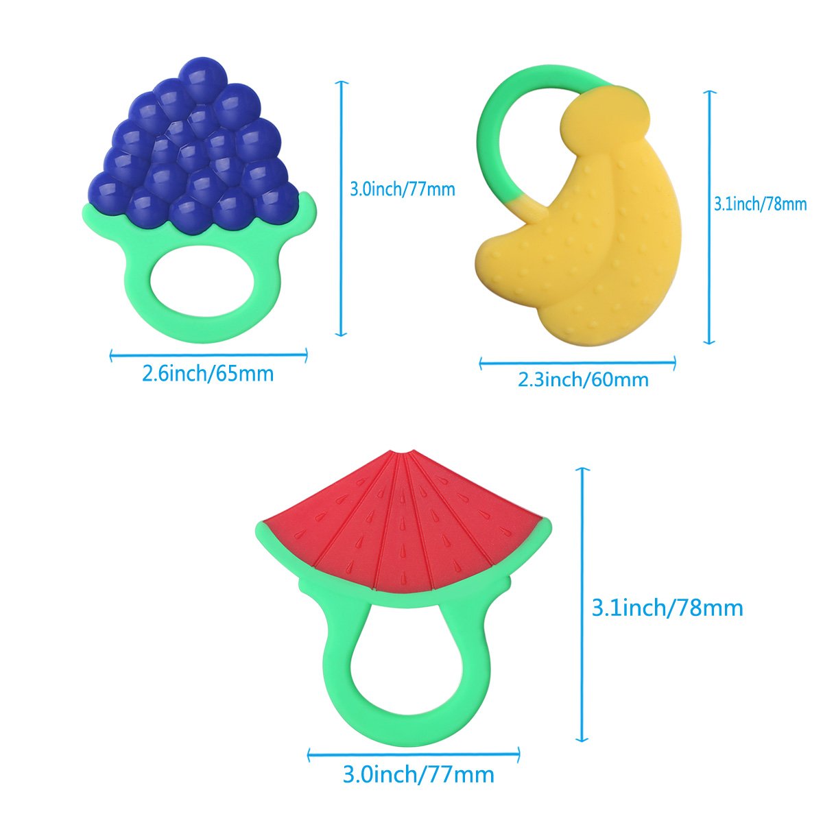Zakitane Baby Fruit Teether Teething Toys Chewable Silicone Teethers with Rings Infant Toddler Teething Pain Relief BPA Free Set of 3 Watermelon Bananas and Grapes