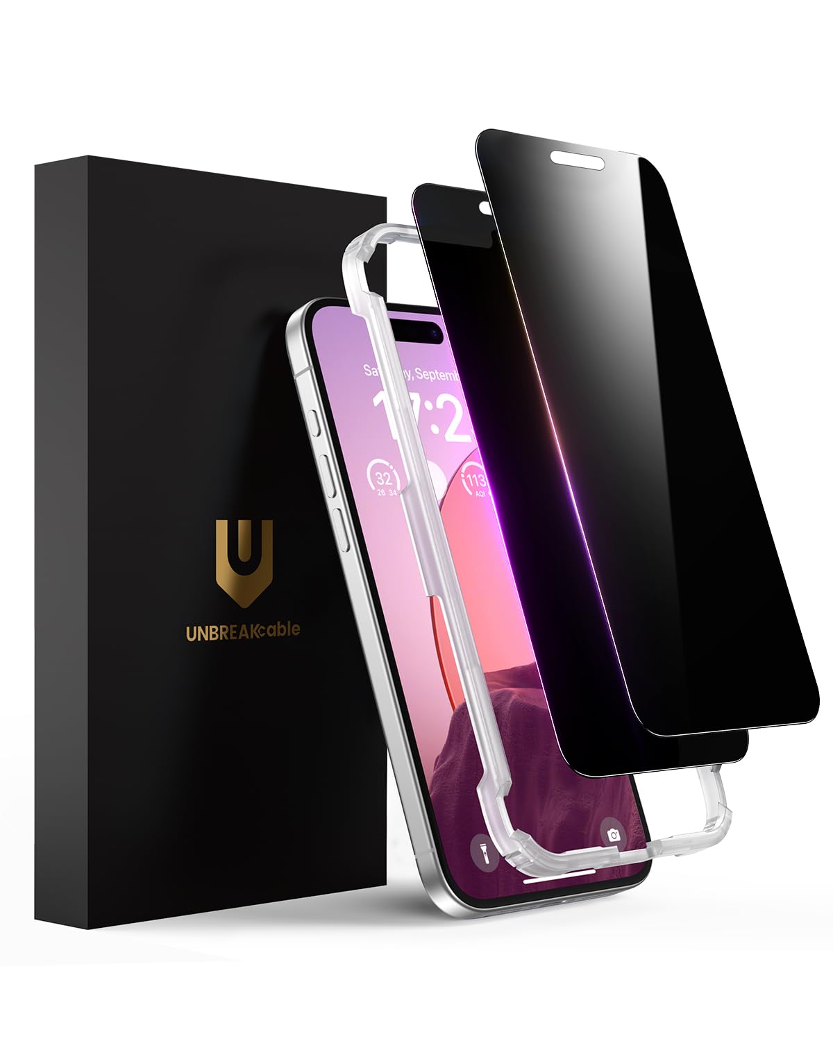 UNBREAKcable Privacy Screen Protector for iPhone 16, Full Coverage Shatterproof Tempered Glass [True 28°Anti Spy] [9H Hardness] [Easy Installation Frame] 2-Pack Private Screen for iPhone 16