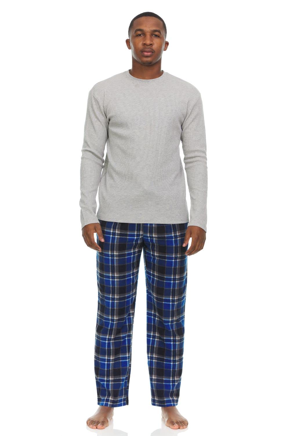 Swiss Alps Mens 2-Piece Pajama Set - Long Sleeve Thermal Top and Micro Fleece Plaid Pants, Black Heather, L Image