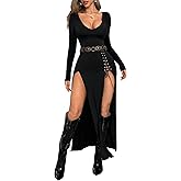 GothDark Vintage Black Goth Long Sleeve Dress High Slit V Neck Eyelet Rope Sexy Party Club Halloween Dresses