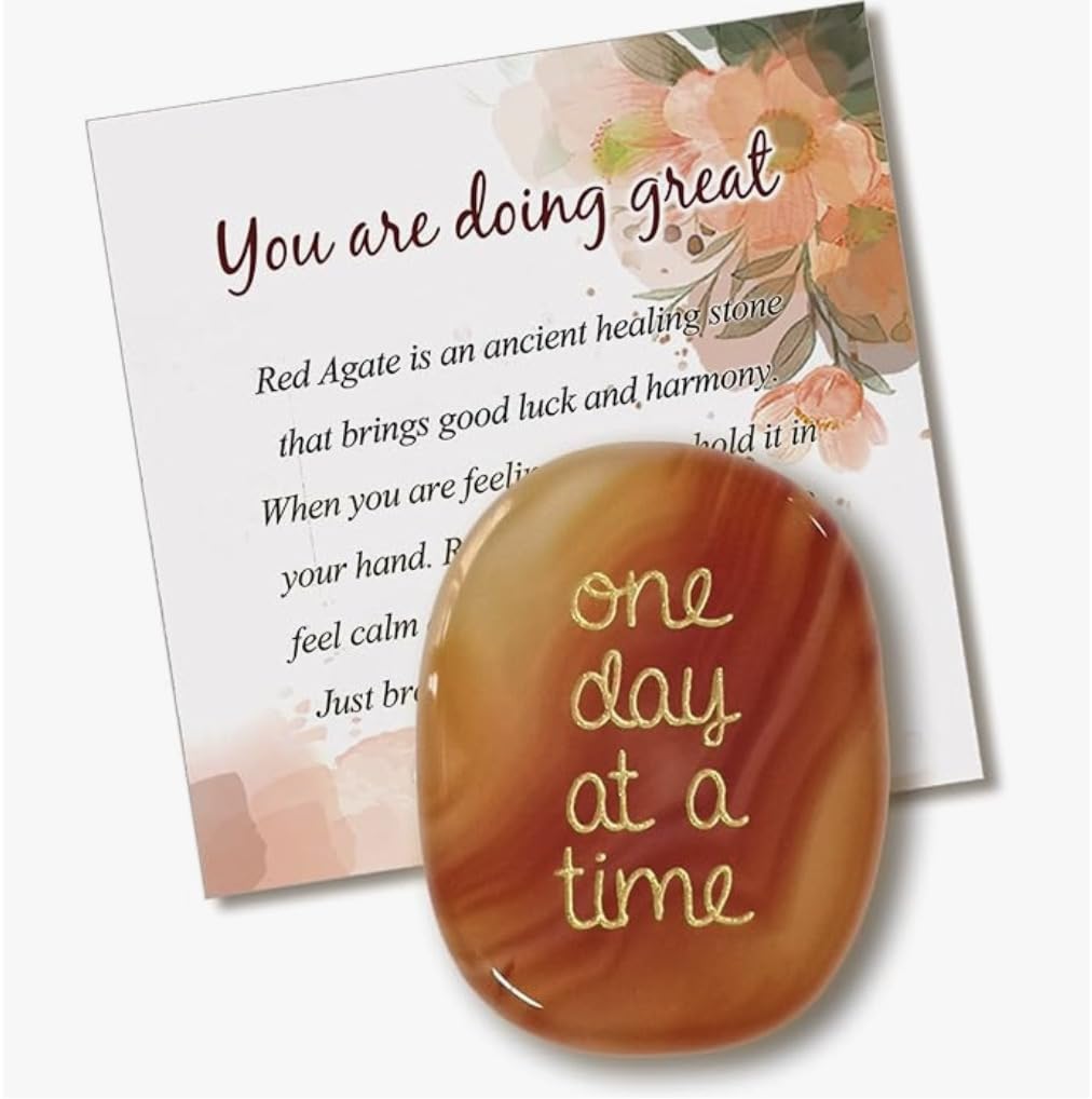 POPOLA SHOP One Day at A Time Agate Healing Crystal, Thinking of You Gifts for Him for Her Anxiety Relief Items You Got This Sobriety Gifts Inspirational for Best Friend for Women Men