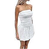 SOLY HUX Women's Tube Bubble Dress Y2k Strapless Sleeveless Ruched Eyelet Embroidery A Line Mini Dresses