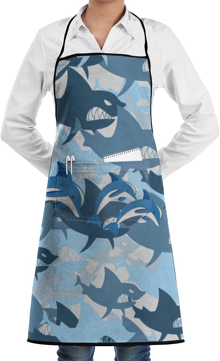 Shark Wrath Bite Teeth Apron Lace Unisex Mens Womens Chef Adjustable Polyester Long Full Black Cooking Kitchen Aprons Bib with Pockets for Restaurant Baking Crafting Gardening BBQ Grill