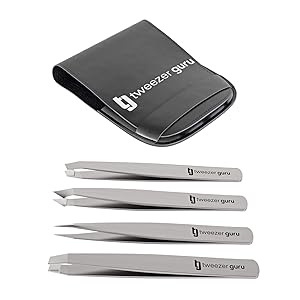 Tweezers Set 4-piece - Tweezer Guru Stainless Steel Slant Tip and Pointed Eyebrow Tweezer Set - Great Precision for Facial Hair, Ingrown Hair, Splinter, Blackhead and Tick Remover (Silver)