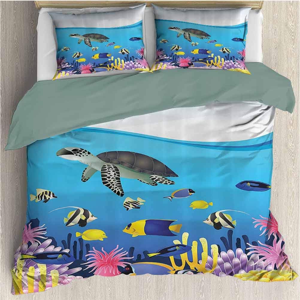Waynekeysl Whale Duvet Cover Bedding Set, Sea Life Anemone Turtles Goldfish Snorkel Tropical Seascape Cartoon, Decorative 3 Piece Bedding Set with 2 Pillow Shams, King Size, Blue Yellow Grey