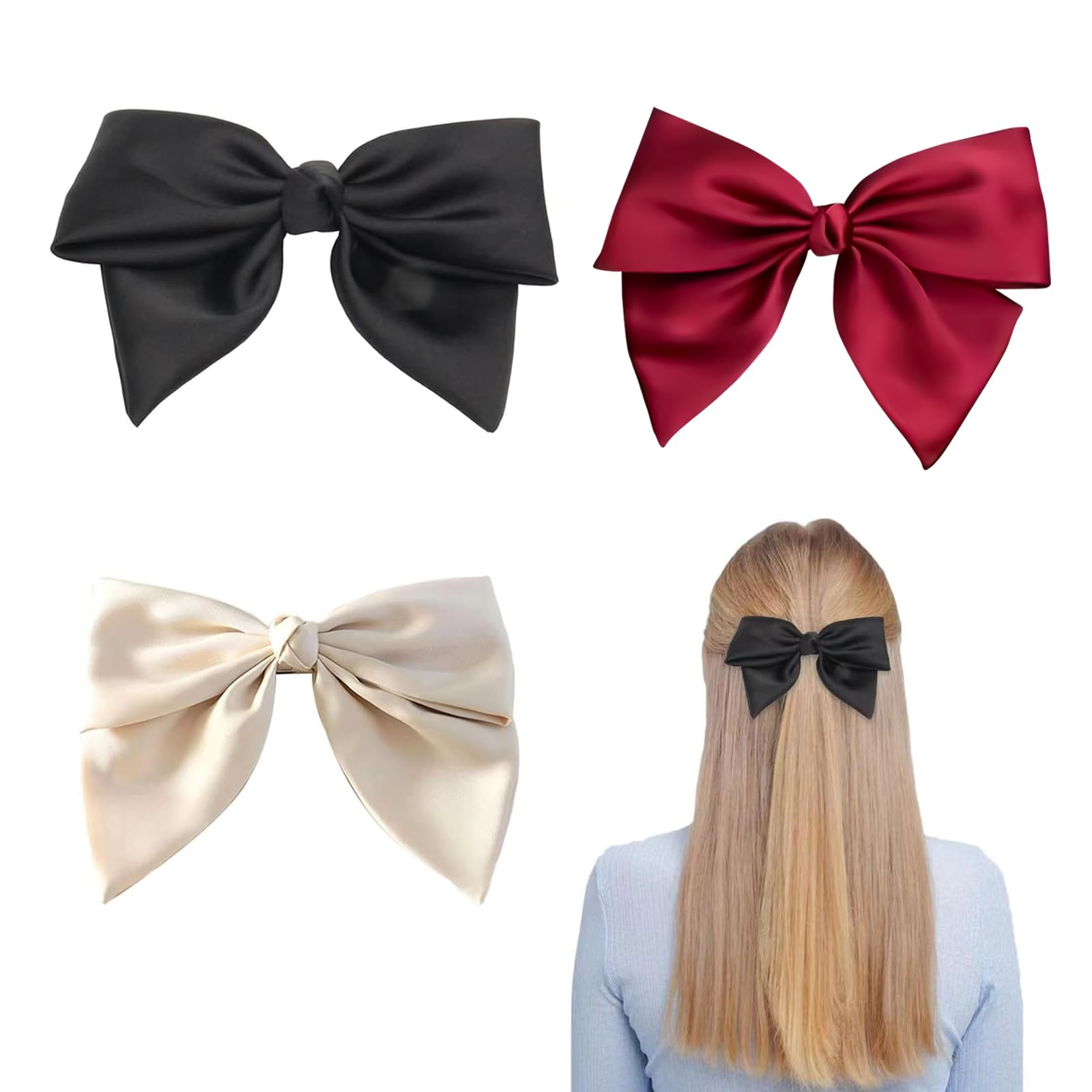 LAQWYNKB Women's Hair Bow, Set of 3 French Fabric Hair Clips with Bow Elegant Girls Satin Hair Clips for Girls