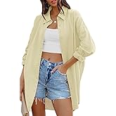 FSHAOES Womens Oversized Button Down Shirts Casual Loose Long Sleeve Solid Lapel Long Blouses Tops with Pockets