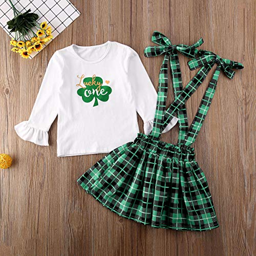 Infant Toddler Baby Girl St. Patrick's Day Outfits Long Sleeve Ruffled T Shirt Top Suspender Skrits Overall Clothes Set (Green, 4-5 Years) - Thumbnail 3