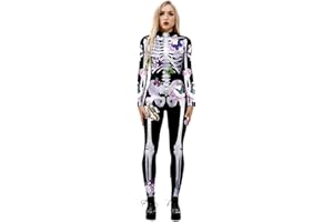 Sipumia Women Ladies Halloween Cosplay Skull Skeleton Costume Jumpsuits Stretch Skinny Catsuit