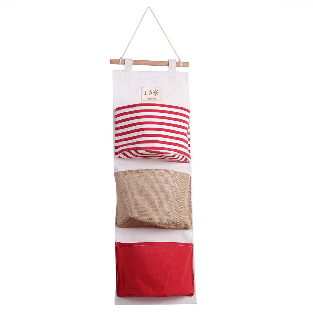 Fdit Hanging Storage Bag 3 Layer Linen Wall Door Closet Storage Bag Wardrobe Hanging Bag Organizer for Room Bathroom(Red)