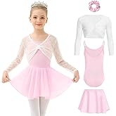 JiAmy Girls Ballet Leotards 4 Pcs Dance Outfits Combo with Mesh Cardigan, Removable Skirt for 3-12 Years