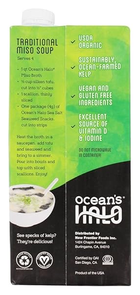 32 OZ ORGANIC MISO BROTH BY OCEAN’S HALO. THIS DELICIOUS KELP-BASED BROTH IS LOADED WITH AUTHENTIC FLAVORS WHILE DELIVERING VITAMINS, MINERALS AND PROTEIN! USDA ORGANIC, GF INGREDIENTS & VEGAN