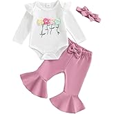 Douhoow Fall Baby Girl Clothes Crochet Flower Embroidery Baby Girl Romper Flared Pants Headband Infant Girl Festival Outfits