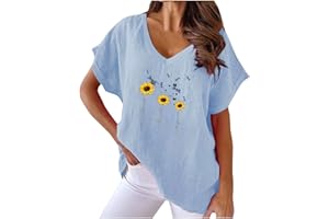 BXJX Women Linen Tops Plus Size Short Sleeve V Neck Floral Blouse Tops Dressy Casual Cpmfy Summer Oversized Tshirts