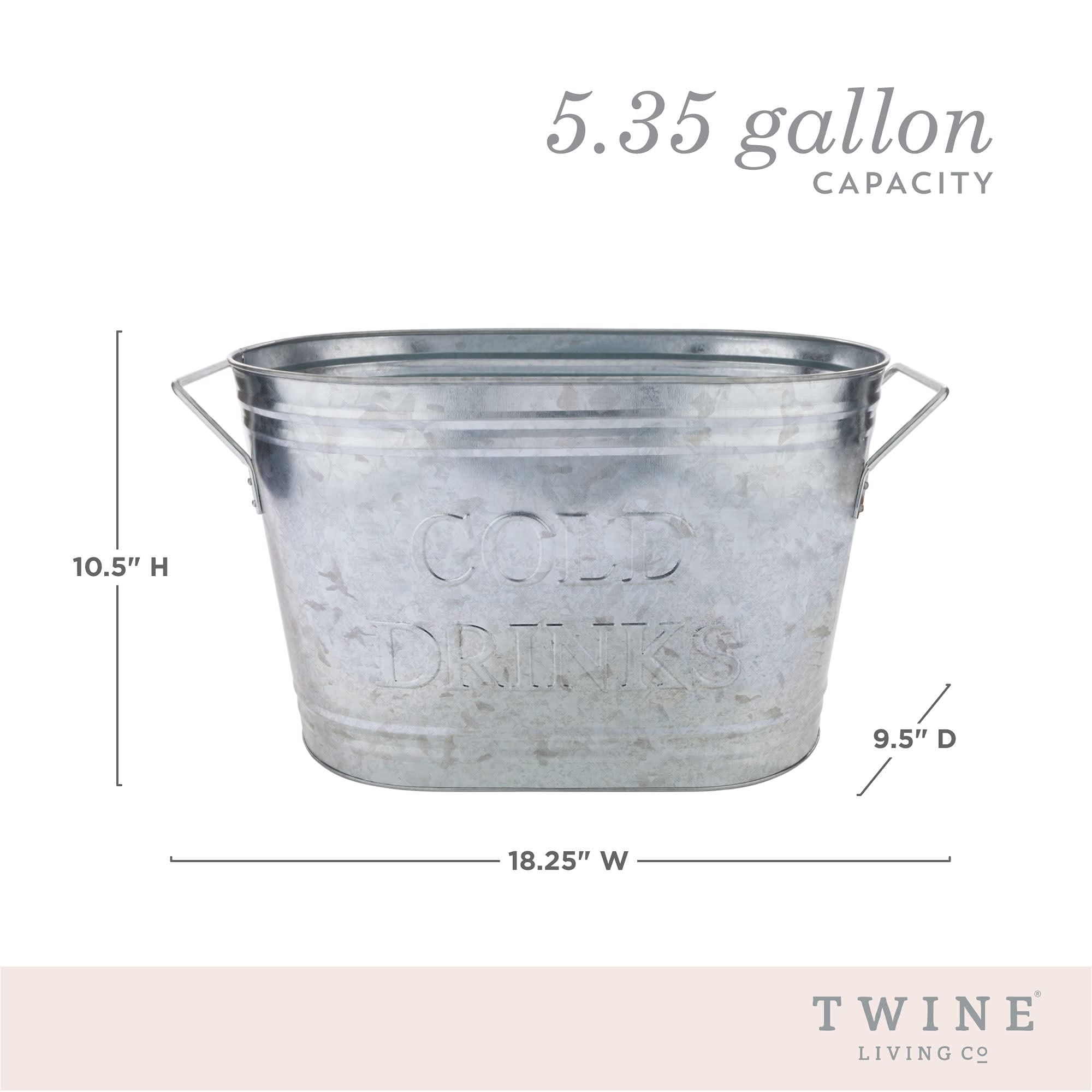 Twine Insulated Drink Galvanized Bucket, Beer and Beverage Tub, Metal Bucket, Ice Buckets for Parties, Holds 5.35 Gallons, Silver
