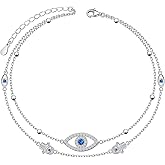 925 Sterling Silver Evil Eye Anklet Double Layer Adjustable Anklets with Hamsa Protection Jewelry Gift