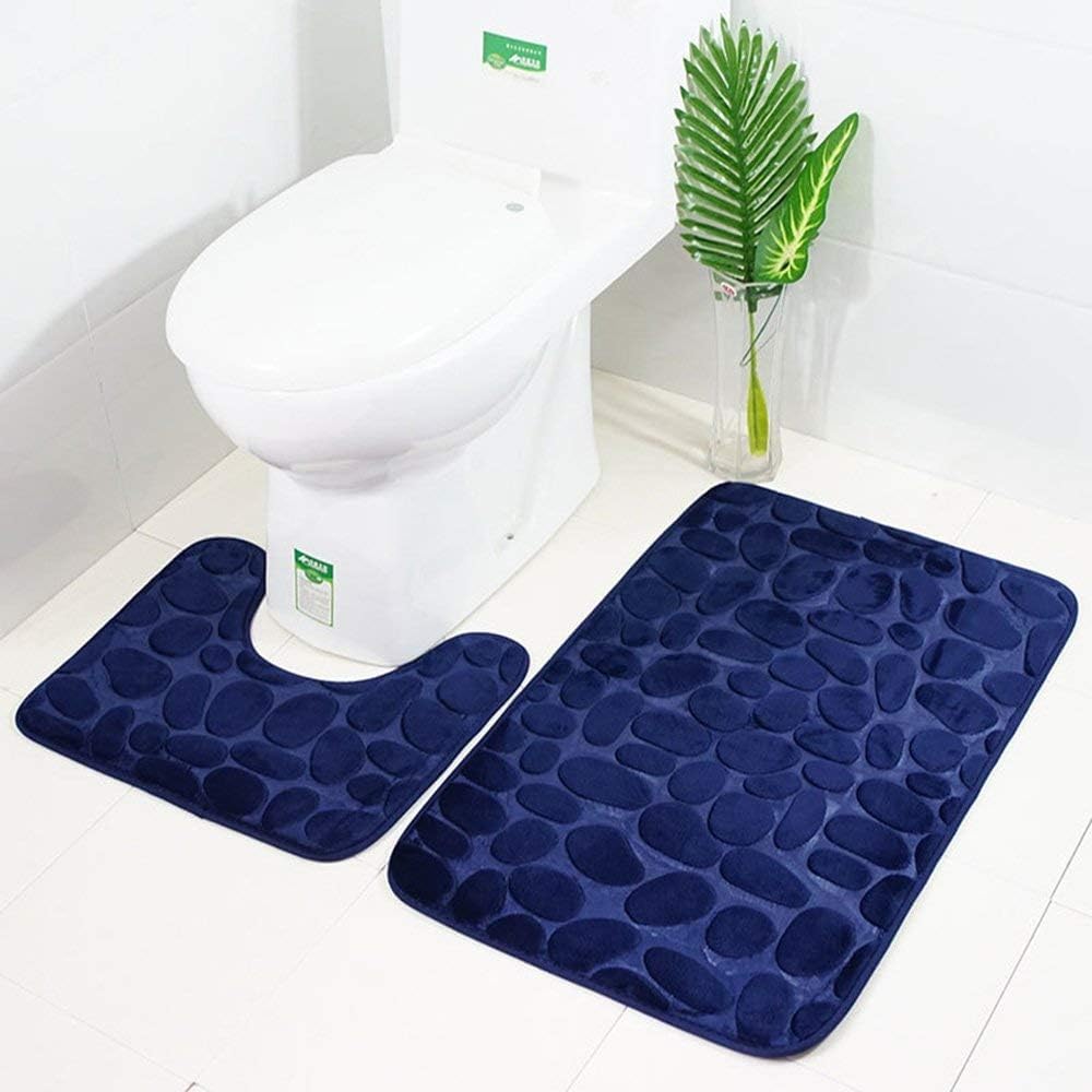 2 Piece Non Slip Pedestal Bath Mat Set, ele ELEOPTION Breathable Memory Foam Bath Mats Soft Comfortable Water Absorbent Toilet Bathroom Rug Non-Slip Pedestal Backing (Navy Blue)