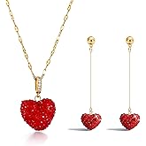Aonklot Valentines Earrings Necklace Set For Women Rhinestone Red Pink Heart Pendant Jewelry Cute Dainty Statement Gifts